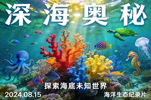纪录片深海奥秘海报，展示绚丽珊瑚礁与海洋生物